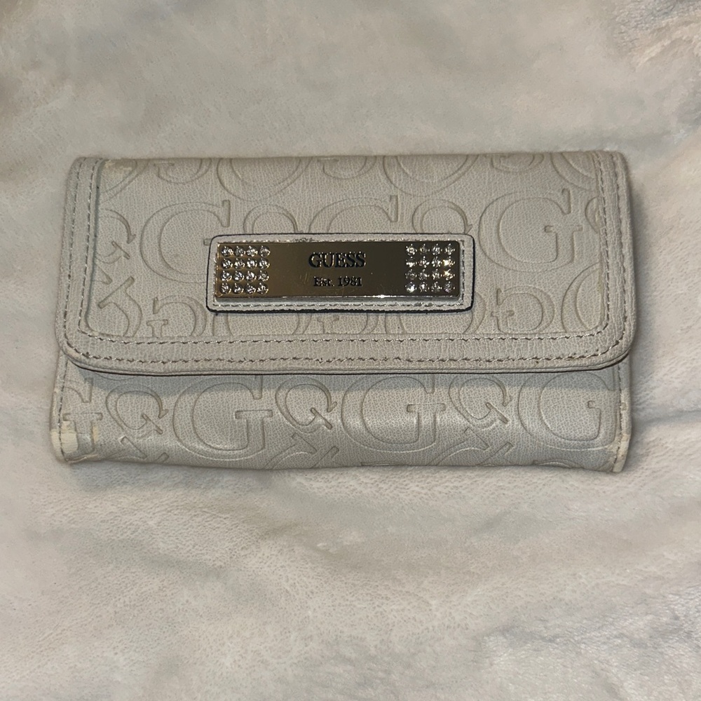 GUESS Cream Embossed Logo Continental Wallet with Crystal Plaque
